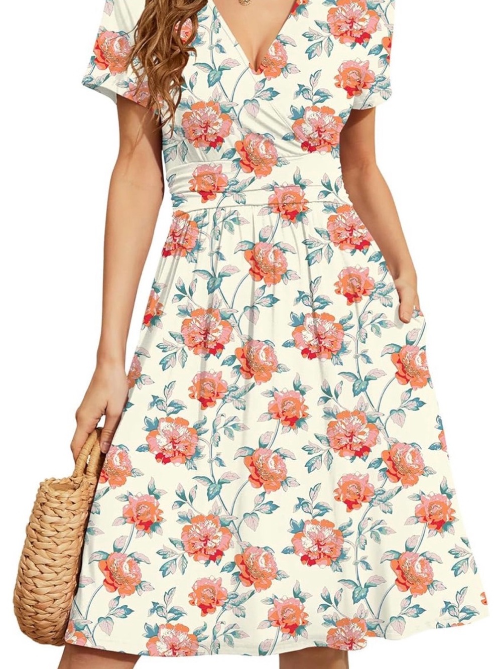 Floral Faux Wrap Midi Dress in Cream and Coral